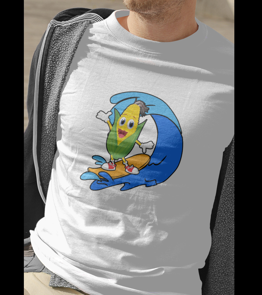 Corn On Surfboard Riding Blue Ocean Wave T-Shirt