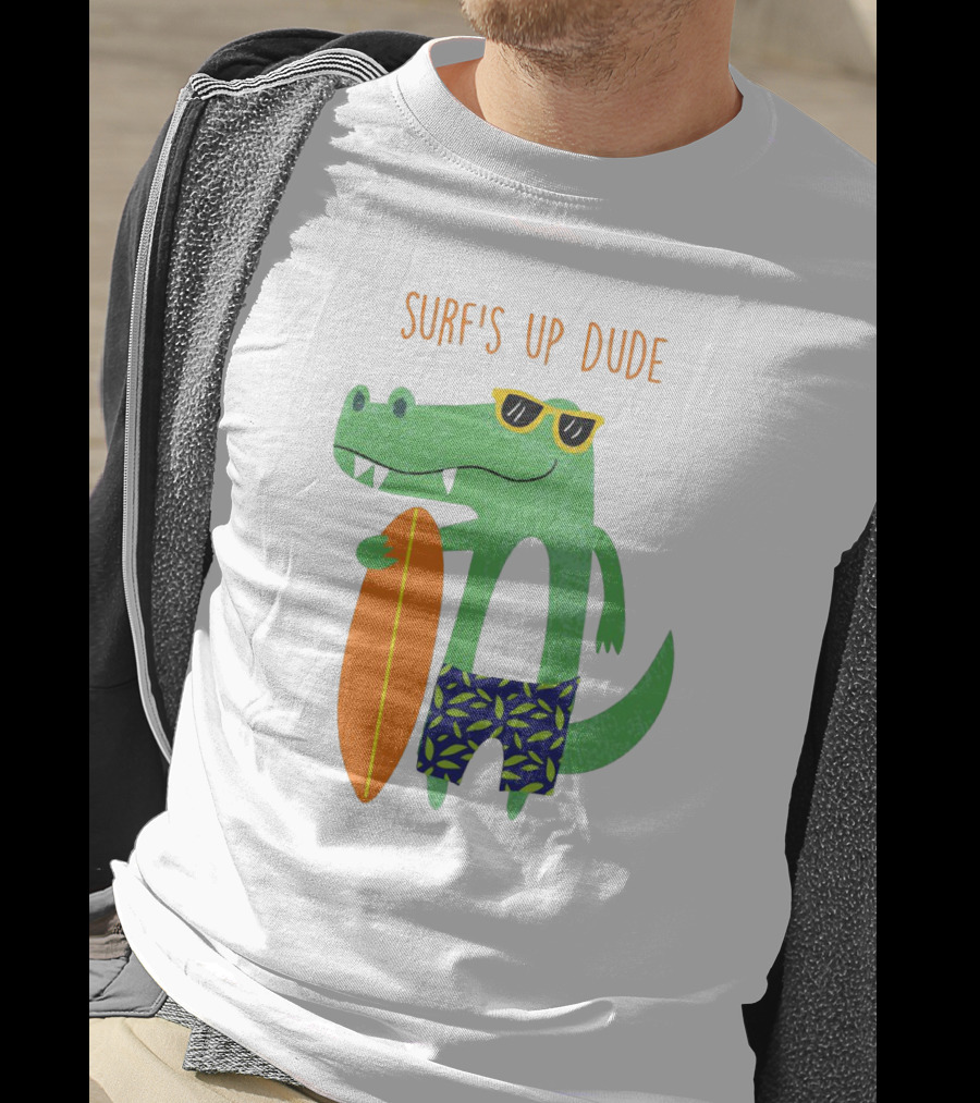 Surf's Up Dude Cool Crocodile In Sunglasses With Surfboard And Tropical Shorts T-Shirt