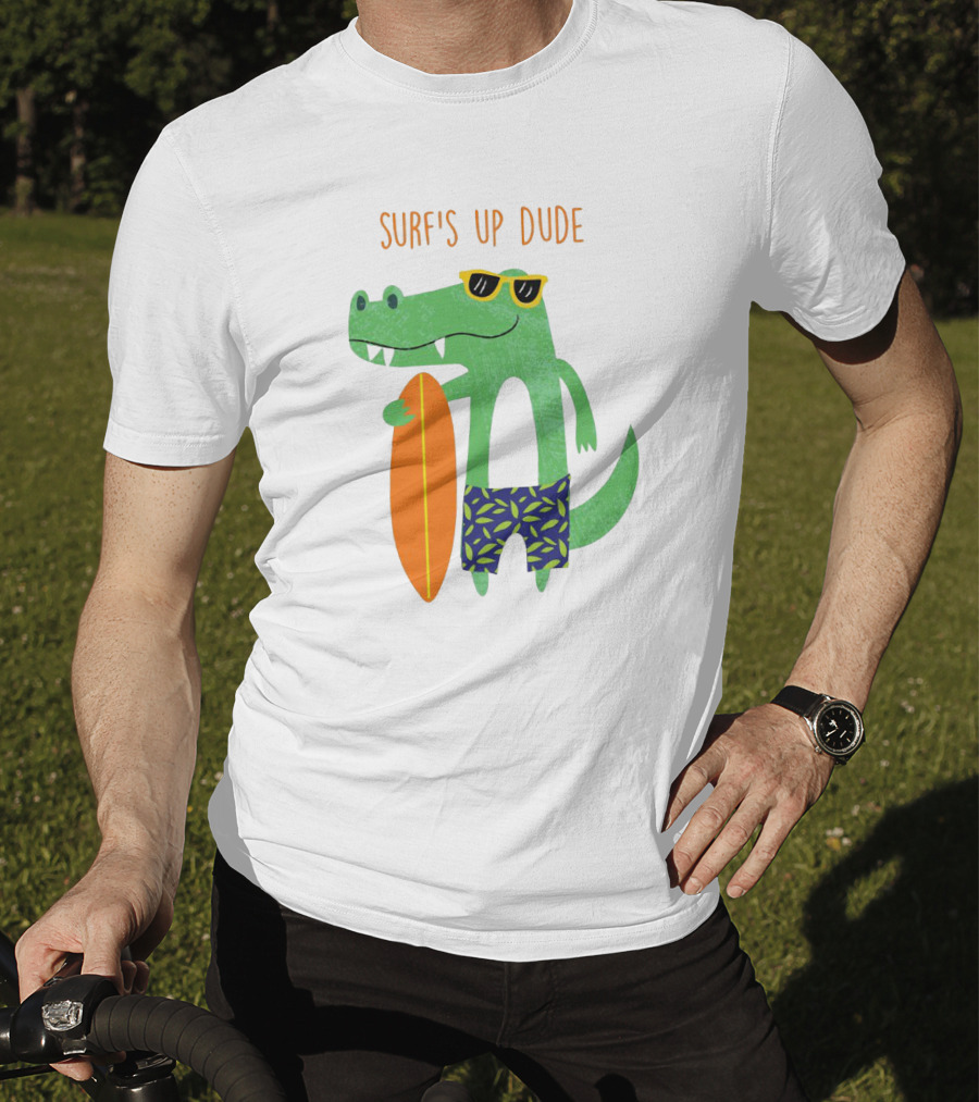 Surf's Up Dude Cool Crocodile In Sunglasses With Surfboard And Tropical Shorts T-Shirt