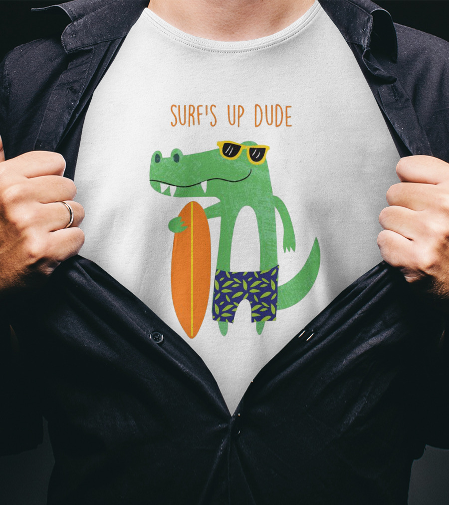 Surf's Up Dude Cool Crocodile In Sunglasses With Surfboard And Tropical Shorts T-Shirt