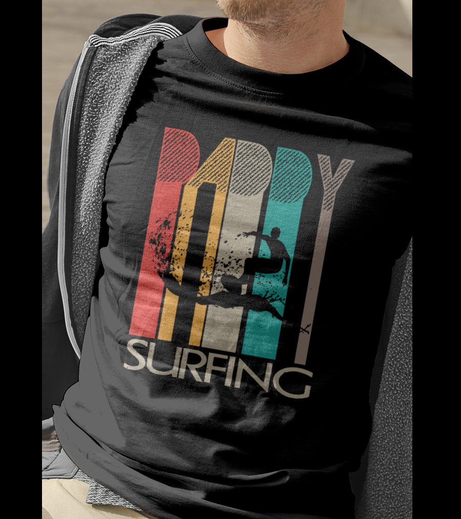 Vintage Daddy Surfing Silhouette With Retro Color Stripes T-Shirt