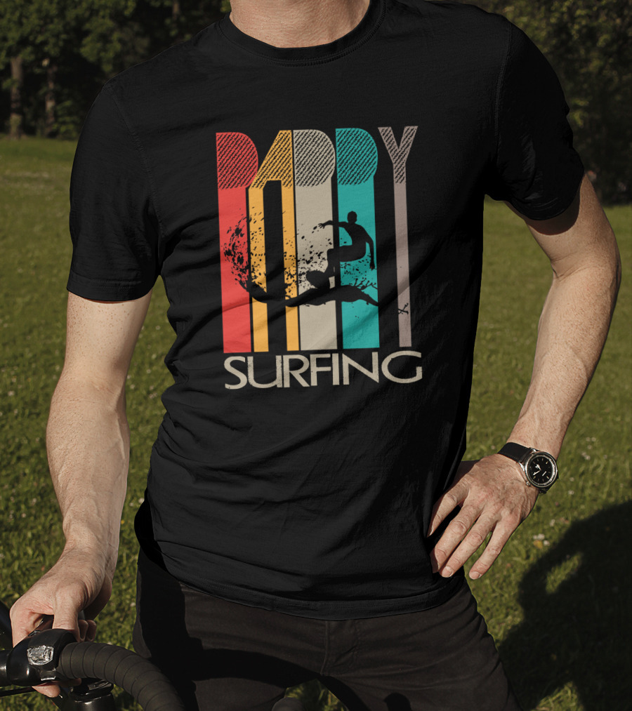 Vintage Daddy Surfing Silhouette With Retro Color Stripes T-Shirt