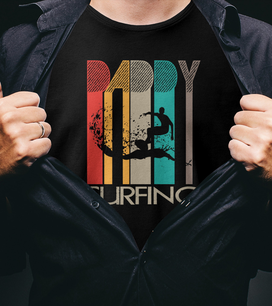 Vintage Daddy Surfing Silhouette With Retro Color Stripes T-Shirt