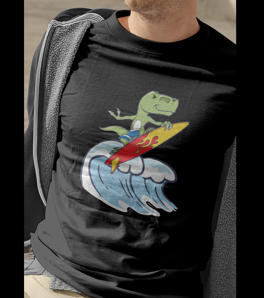 Dinosaur Riding Waves On Fiery Surfboard Ocean Adventure T-Shirt