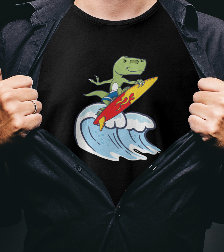 Dinosaur Riding Waves On Fiery Surfboard Ocean Adventure T-Shirt