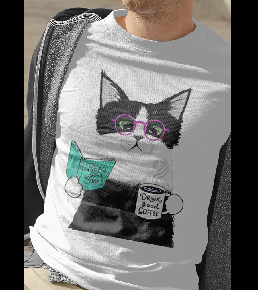 Read Good Books Drink Good Coffee Cat With Glasses T-Shirt