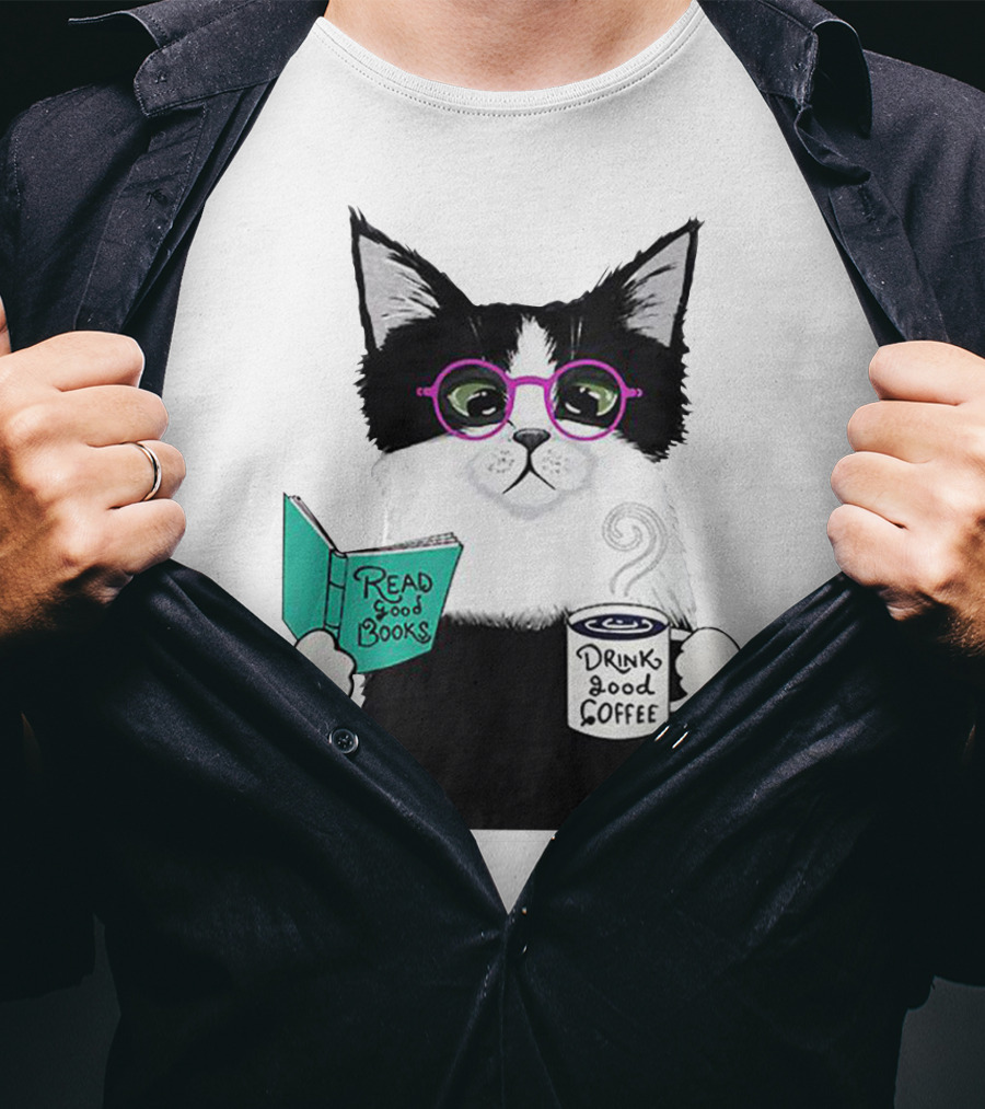 Read Good Books Drink Good Coffee Cat With Glasses T-Shirt