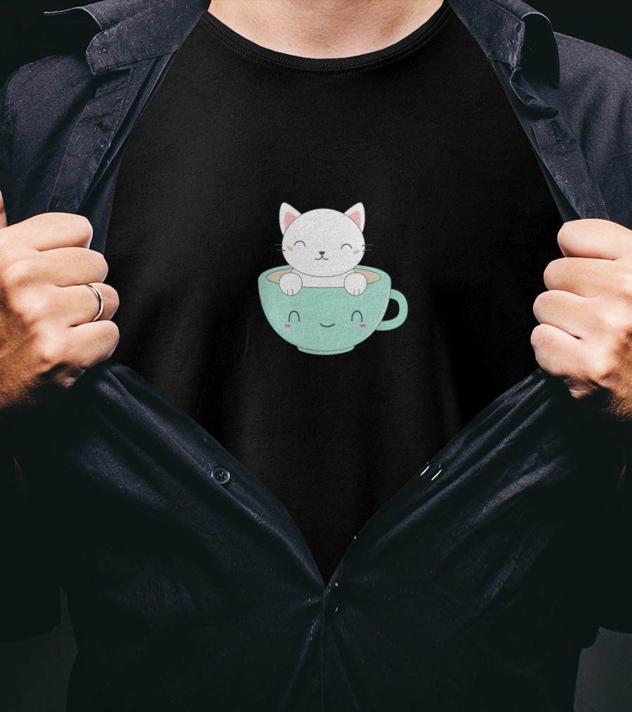 Adorable Cat In Smiling Coffee Cup T-Shirt