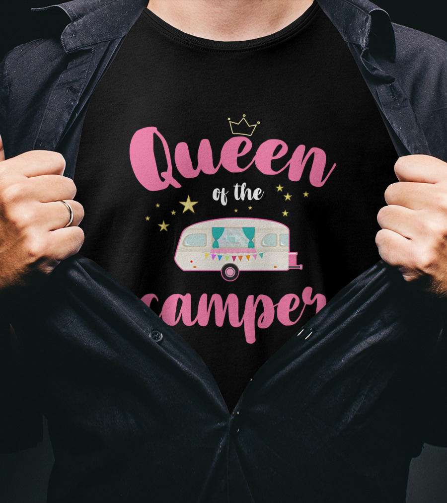 Queen Of The Camper With Crown And Star Accented Vintage Caravan T-Shirt