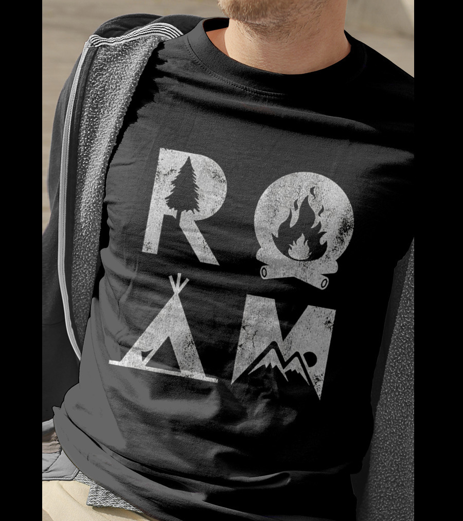 Roam Text Stack With Tree Campfire Tent Mountain Iconography Explore Nature Camping T-Shirt