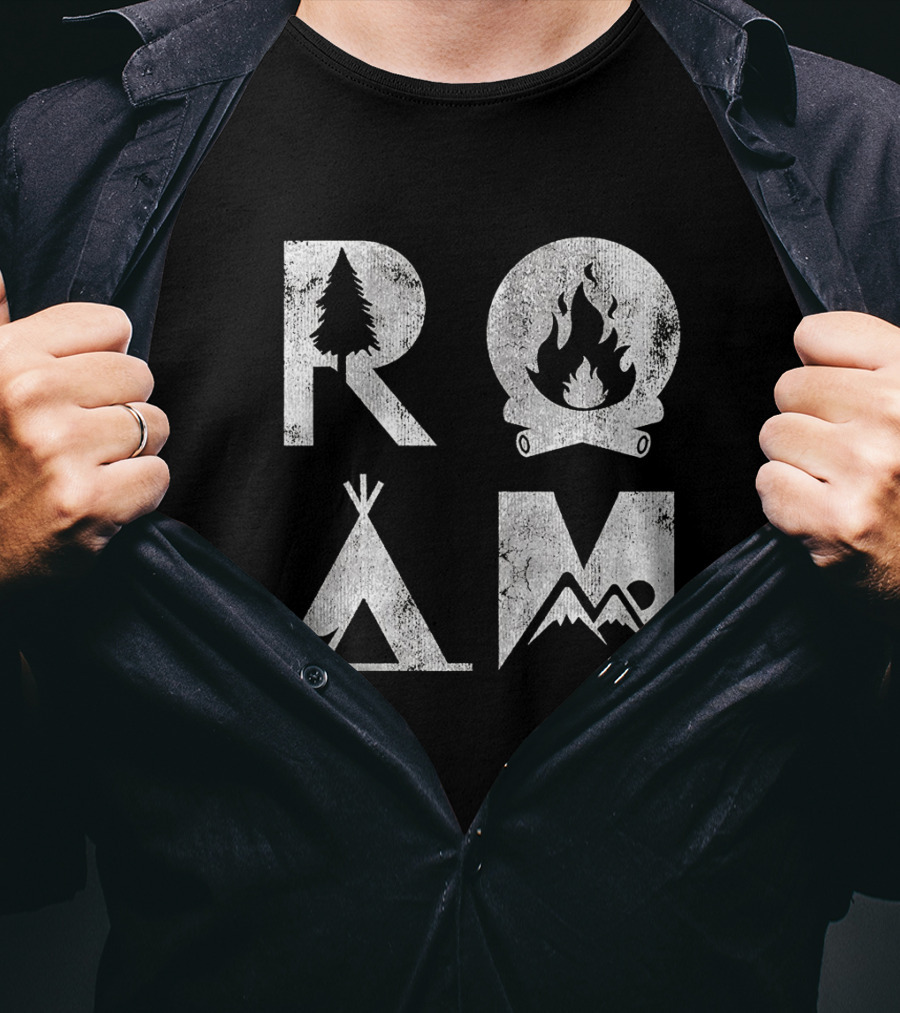 Roam Text Stack With Tree Campfire Tent Mountain Iconography Explore Nature Camping T-Shirt