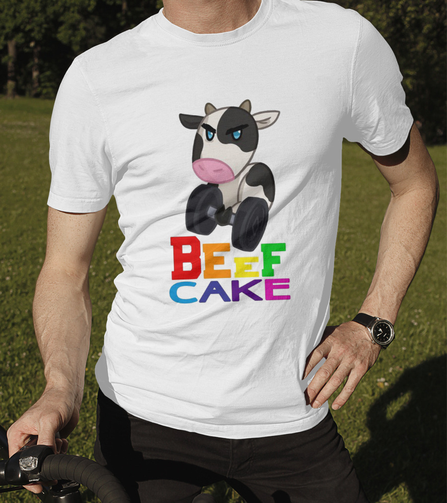 Beefcake Cow Lifting Dumbbells Cartoon T-Shirt