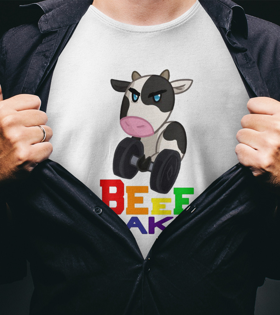 Beefcake Cow Lifting Dumbbells Cartoon T-Shirt