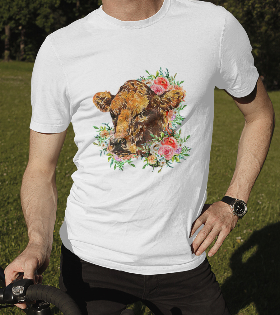 Cow With Floral Accents And Cute Cow Flower Style Motif T-Shirt