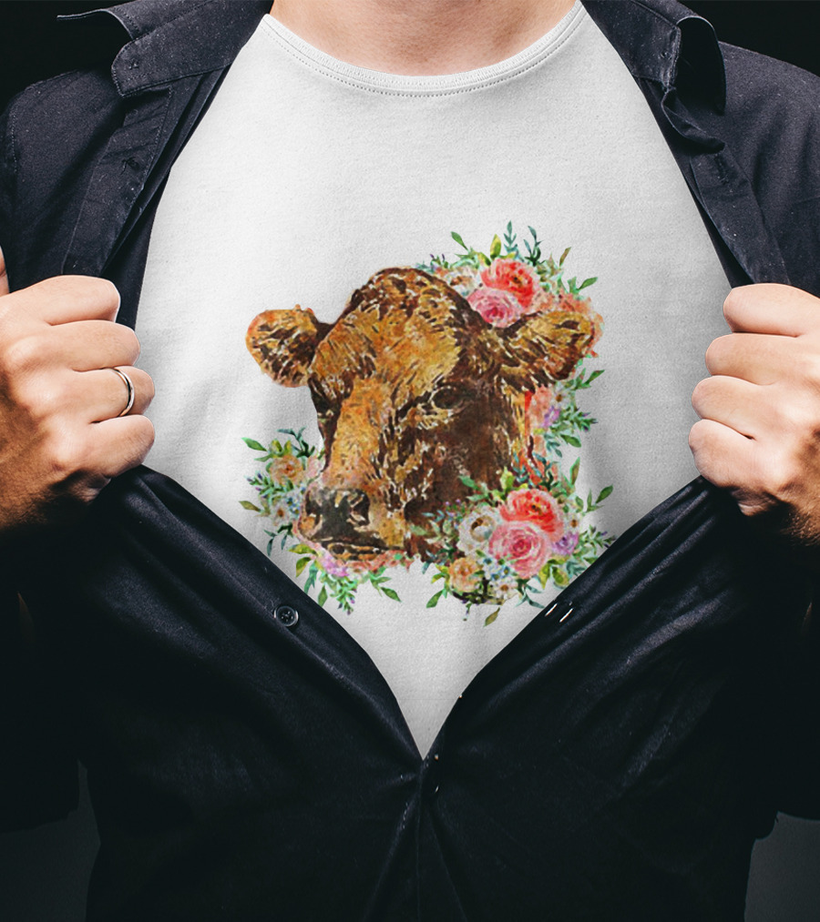 Cow With Floral Accents And Cute Cow Flower Style Motif T-Shirt