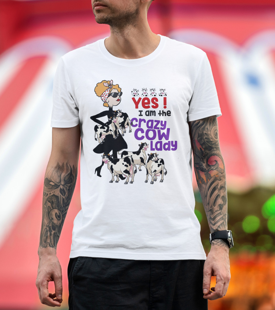 Yes I Am the Crazy Cow Lady with Cartoon Cows and Stylish Woman in Red Bandana and Sunglasses T-Shirt