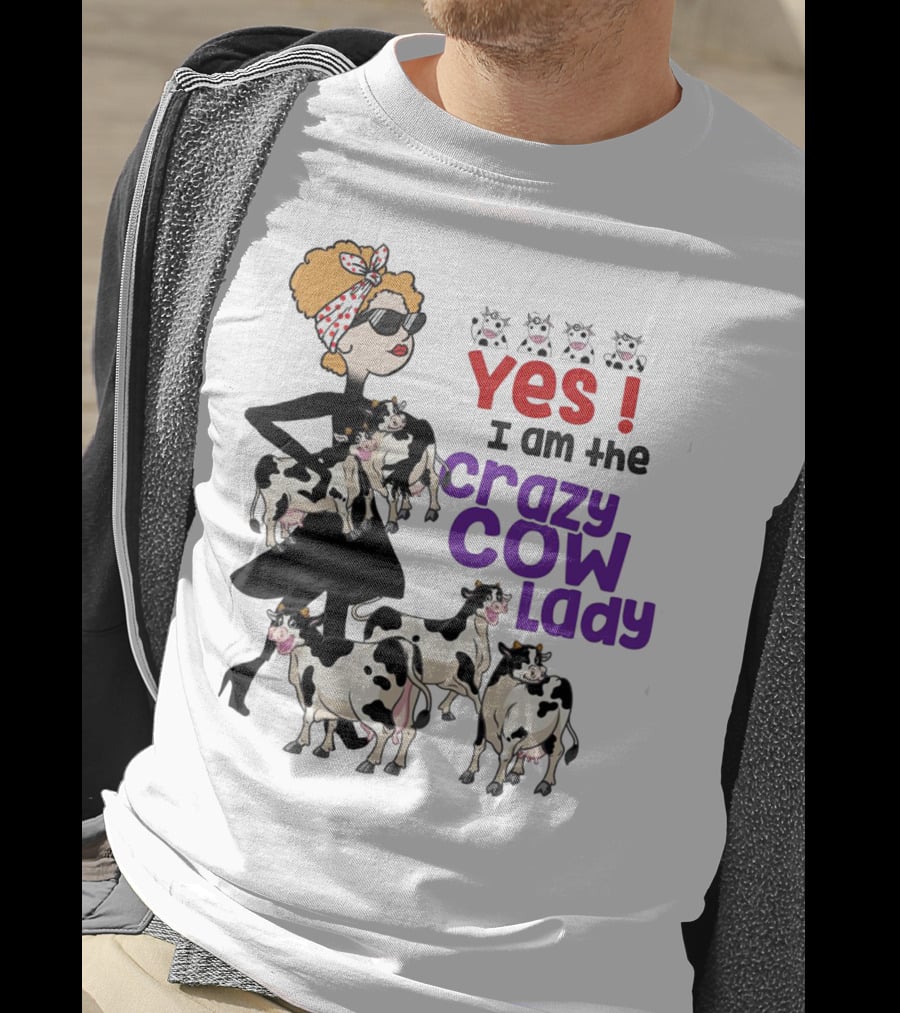Yes I Am The Crazy Cow Lady With Cartoon Cows And Stylish Woman In Red Bandana And Sunglasses T-Shirt