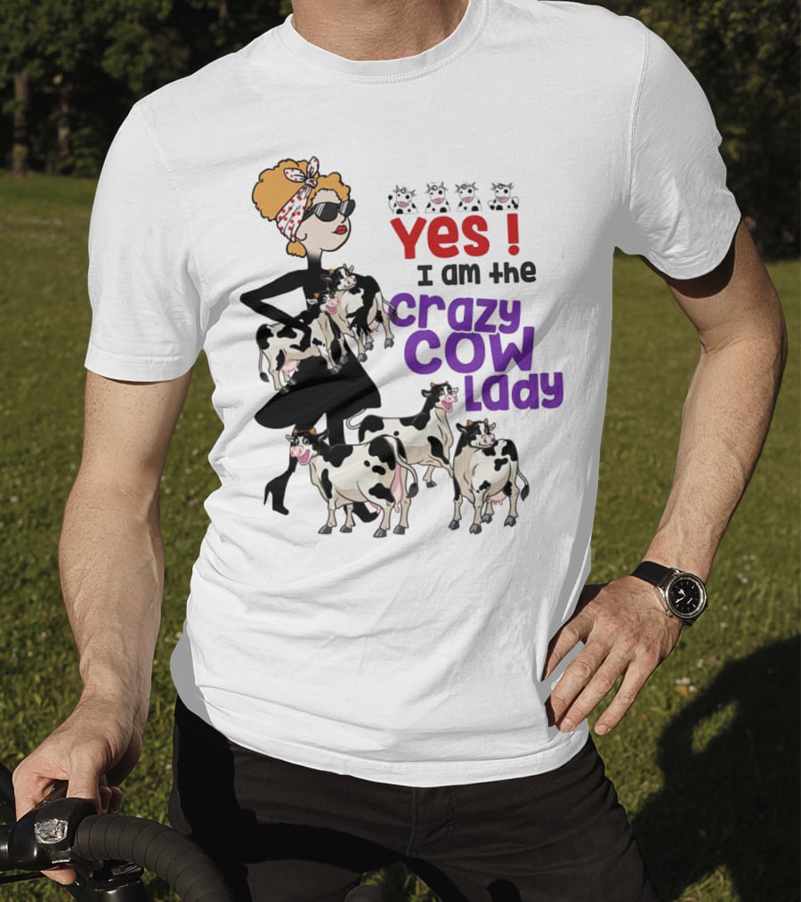 Yes I Am The Crazy Cow Lady With Cartoon Cows And Stylish Woman In Red Bandana And Sunglasses T-Shirt