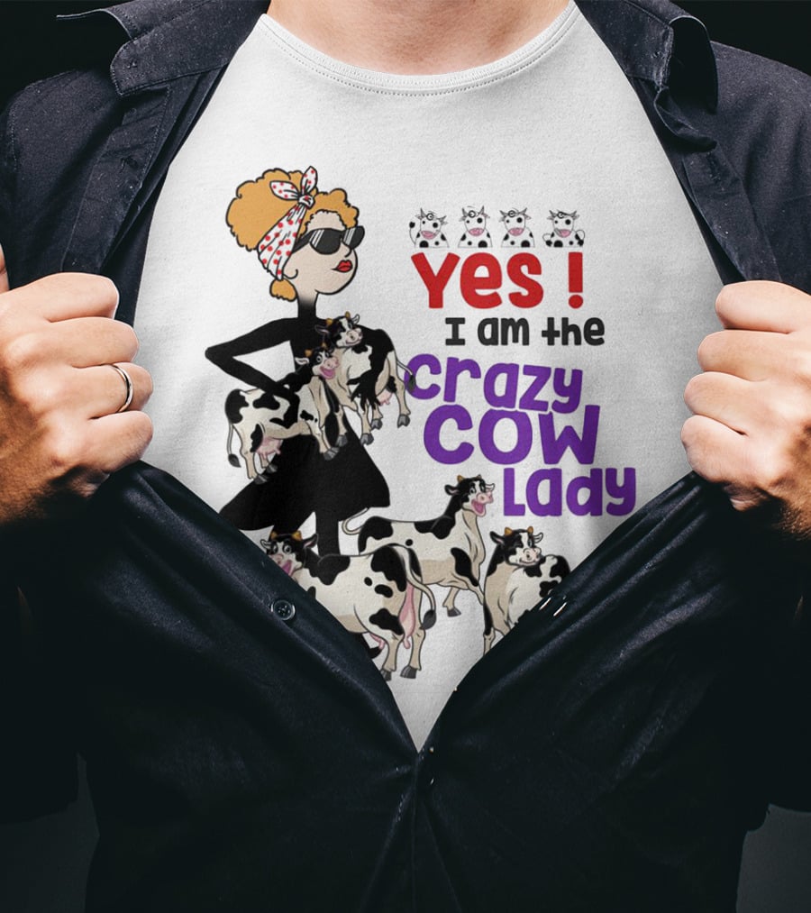 Yes I Am The Crazy Cow Lady With Cartoon Cows And Stylish Woman In Red Bandana And Sunglasses T-Shirt