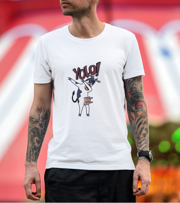 Premium T-Shirt: YOLO Dab Cow Cartoon with Fun Pose and Text T-Shirt YOLO Dab Cow Cartoon with Fun Pose and Text T-Shirt