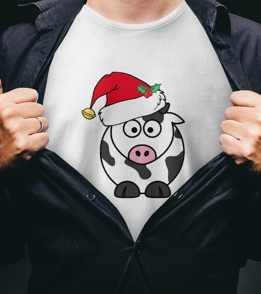 Cartoon Cow With Santa Hat And Holly Christmas Charm T-Shirt
