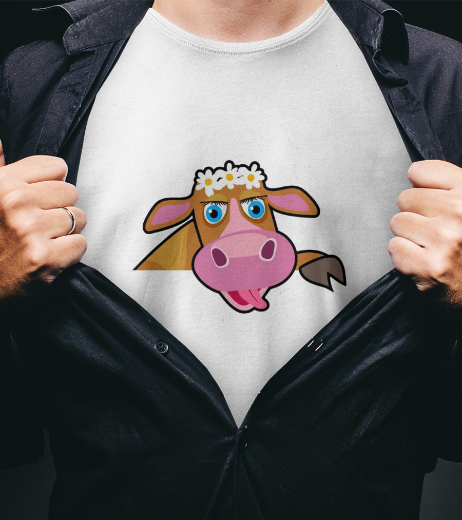 Farm Animals Cows Cute Cartoon Brown Cow With Daisy Headband T-Shirt