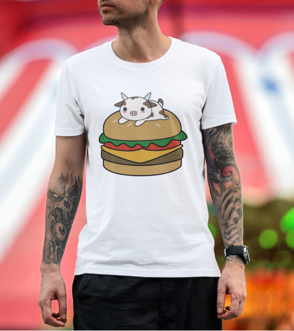 Premium T-Shirt: Funny Burger Cow Kawaii Cartoon Cheeseburger with Cute Animal Topping T-Shirt Funny Burger Cow Kawaii Cartoon Cheeseburger with Cute Animal Topping T-Shirt