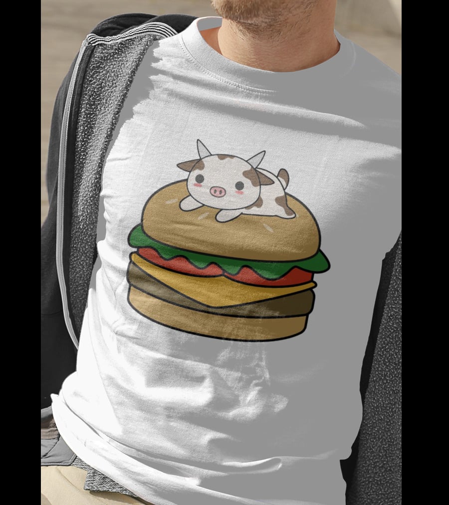 Funny Burger Cow Kawaii Cartoon Cheeseburger With Cute Animal Topping T-Shirt