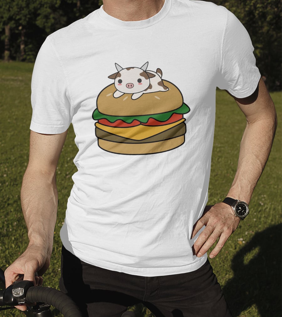 Funny Burger Cow Kawaii Cartoon Cheeseburger With Cute Animal Topping T-Shirt