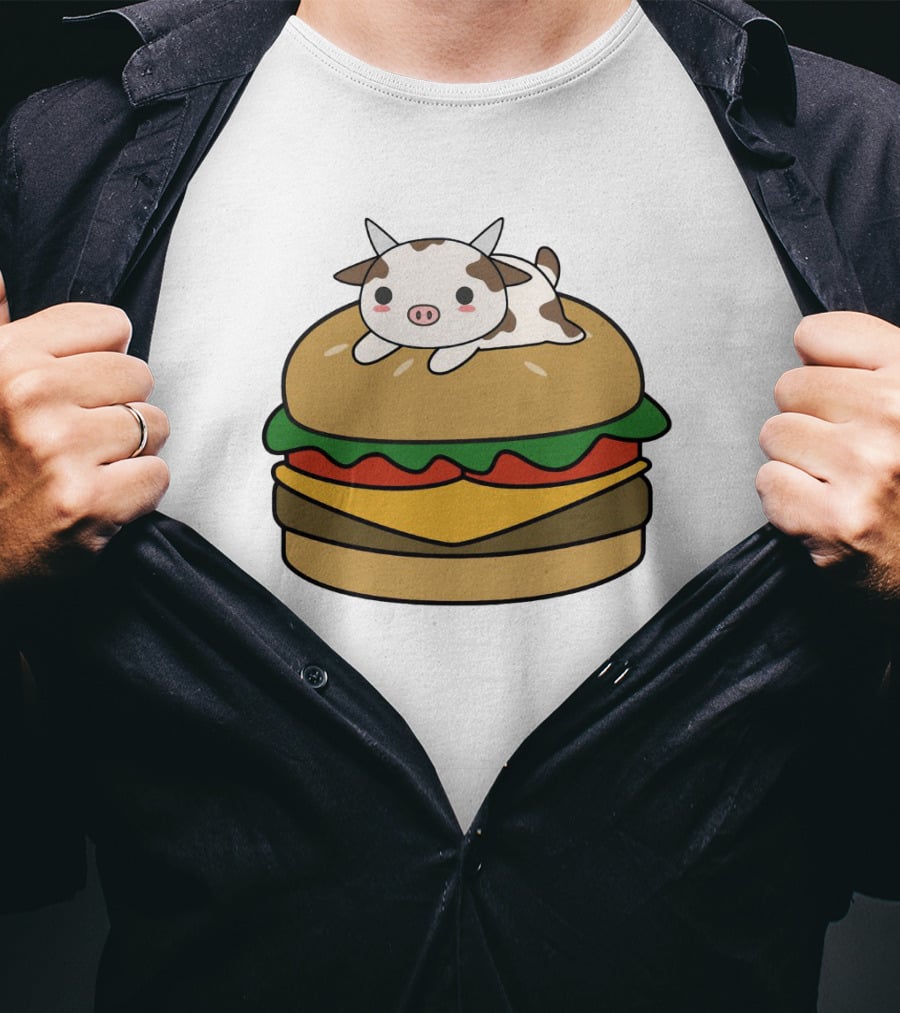 Funny Burger Cow Kawaii Cartoon Cheeseburger With Cute Animal Topping T-Shirt