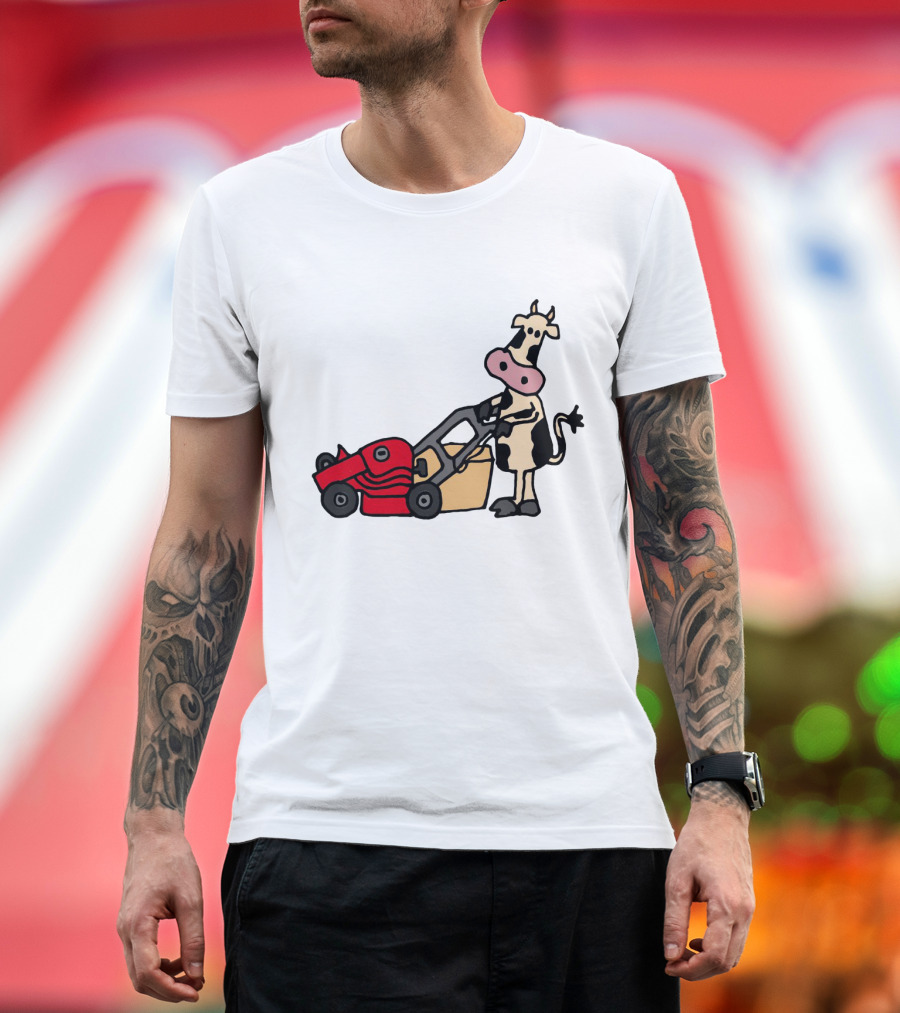Funny Cow Mowing Grass Cartoon with Red Lawn Mower T-Shirt