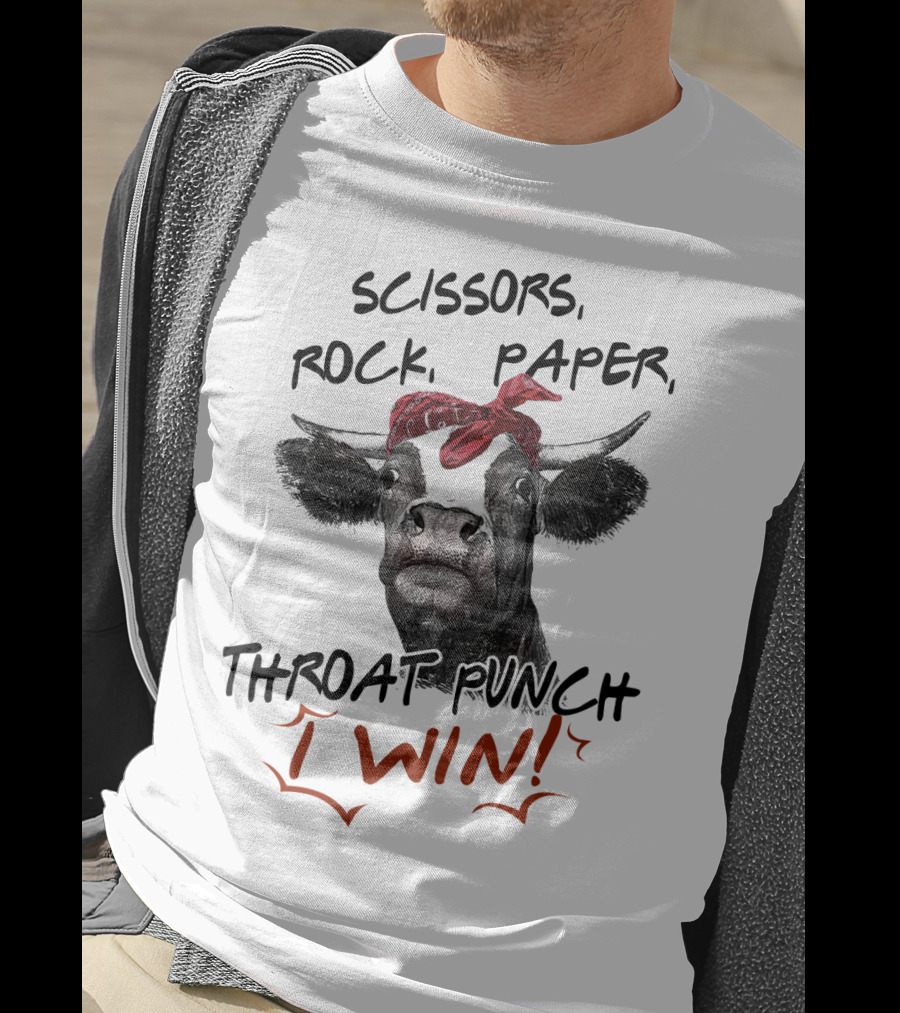 Scissors Rock Paper Throat Punch I Win Funny Cow Bandana T-Shirt