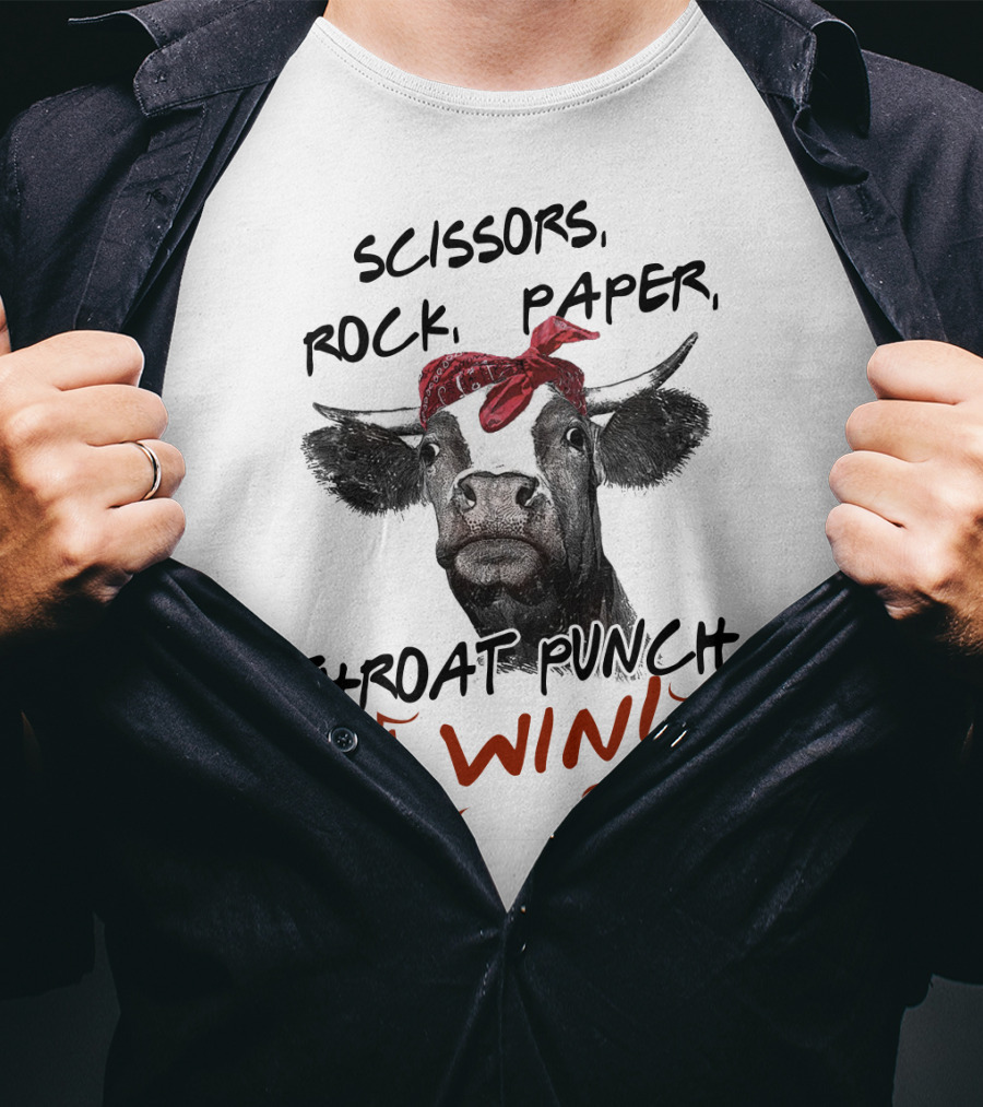 Scissors Rock Paper Throat Punch I Win Funny Cow Bandana T-Shirt
