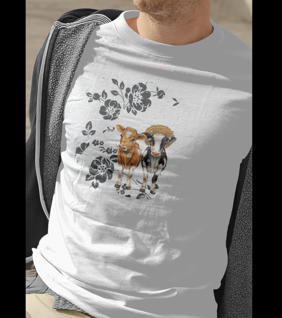 I Love Cows To The Moon And Back Floral Black And White Cow T-Shirt