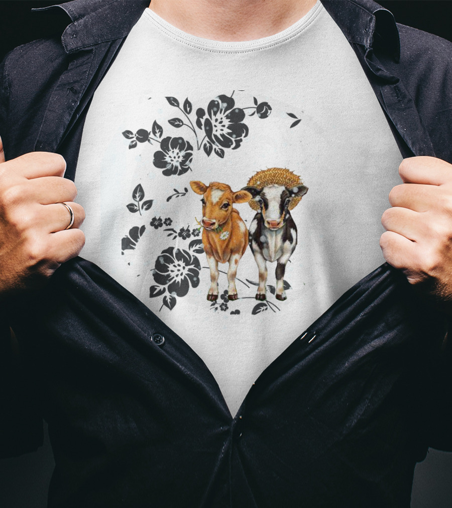 I Love Cows To The Moon And Back Floral Black And White Cow T-Shirt