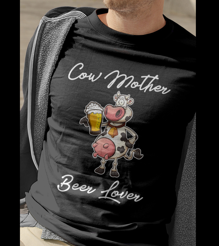 Cow Mother Holding Beer Glass Cartoon Art With Heart T-Shirt