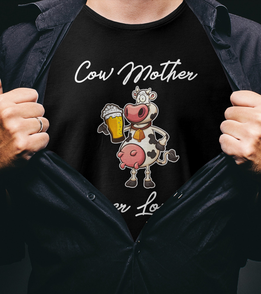 Cow Mother Holding Beer Glass Cartoon Art With Heart T-Shirt