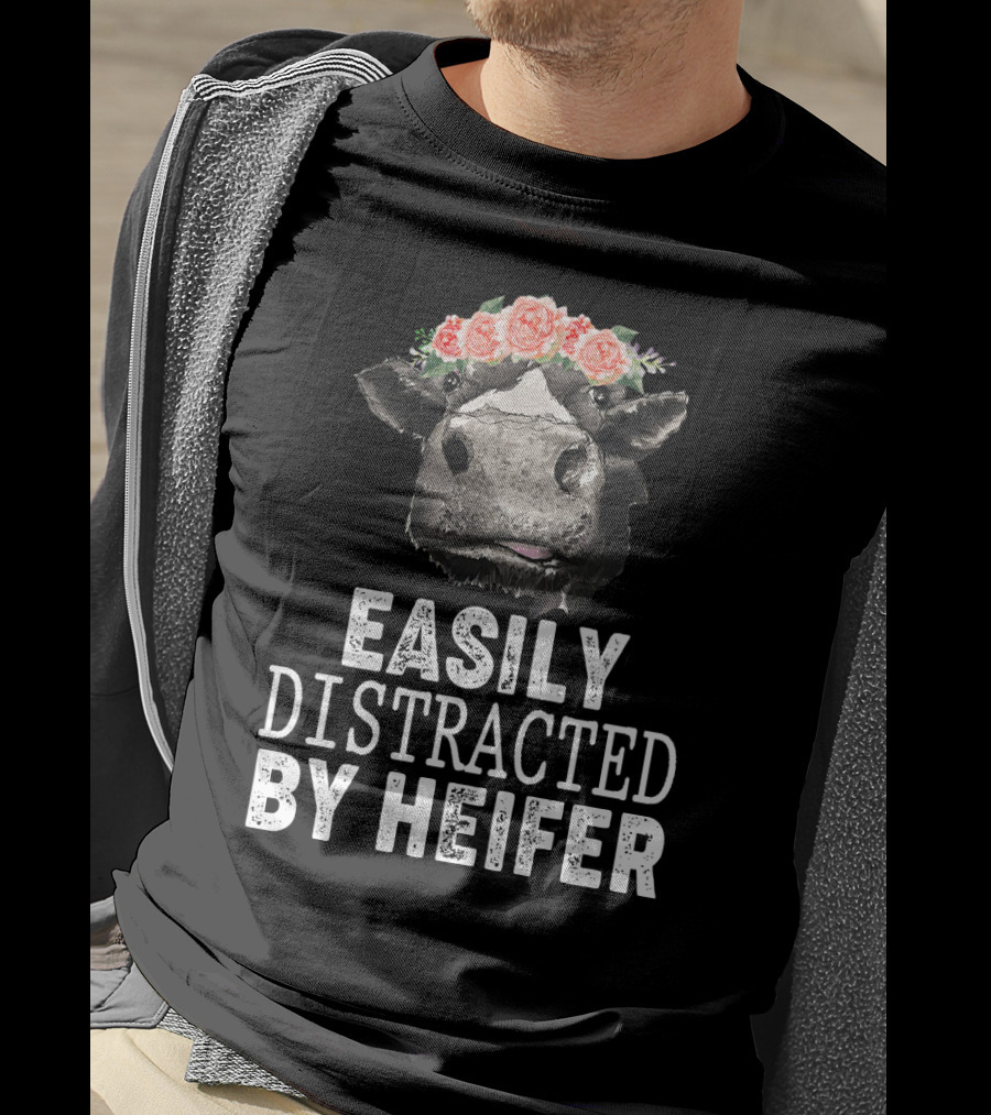 Easily Distracted By Heifer Floral Cow With Flower Crown T-Shirt