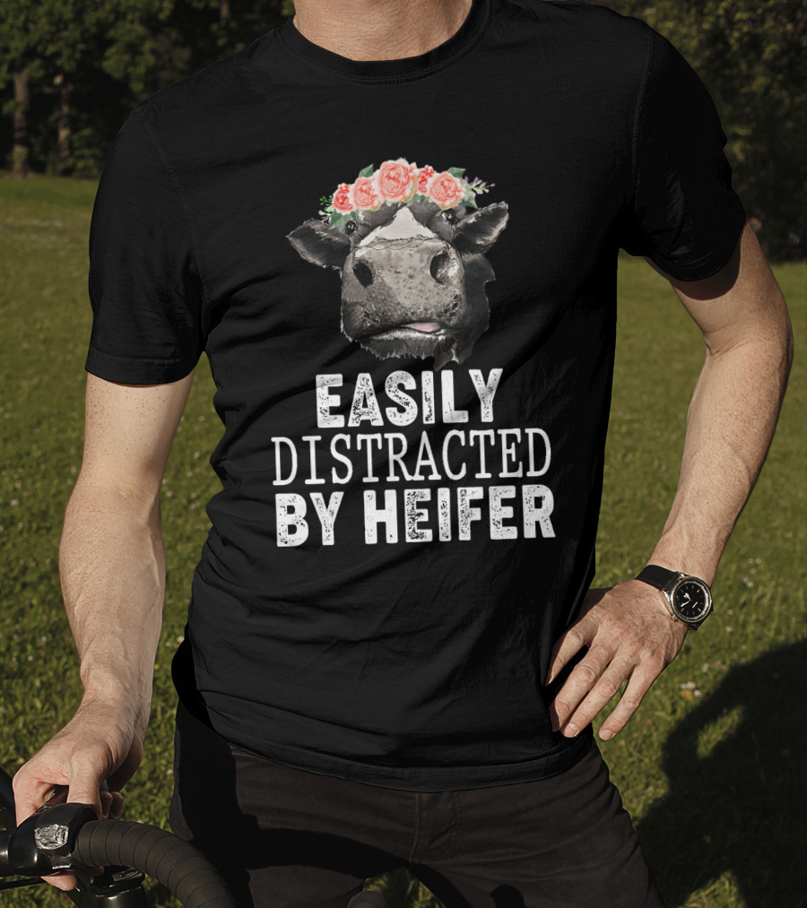 Easily Distracted By Heifer Floral Cow With Flower Crown T-Shirt