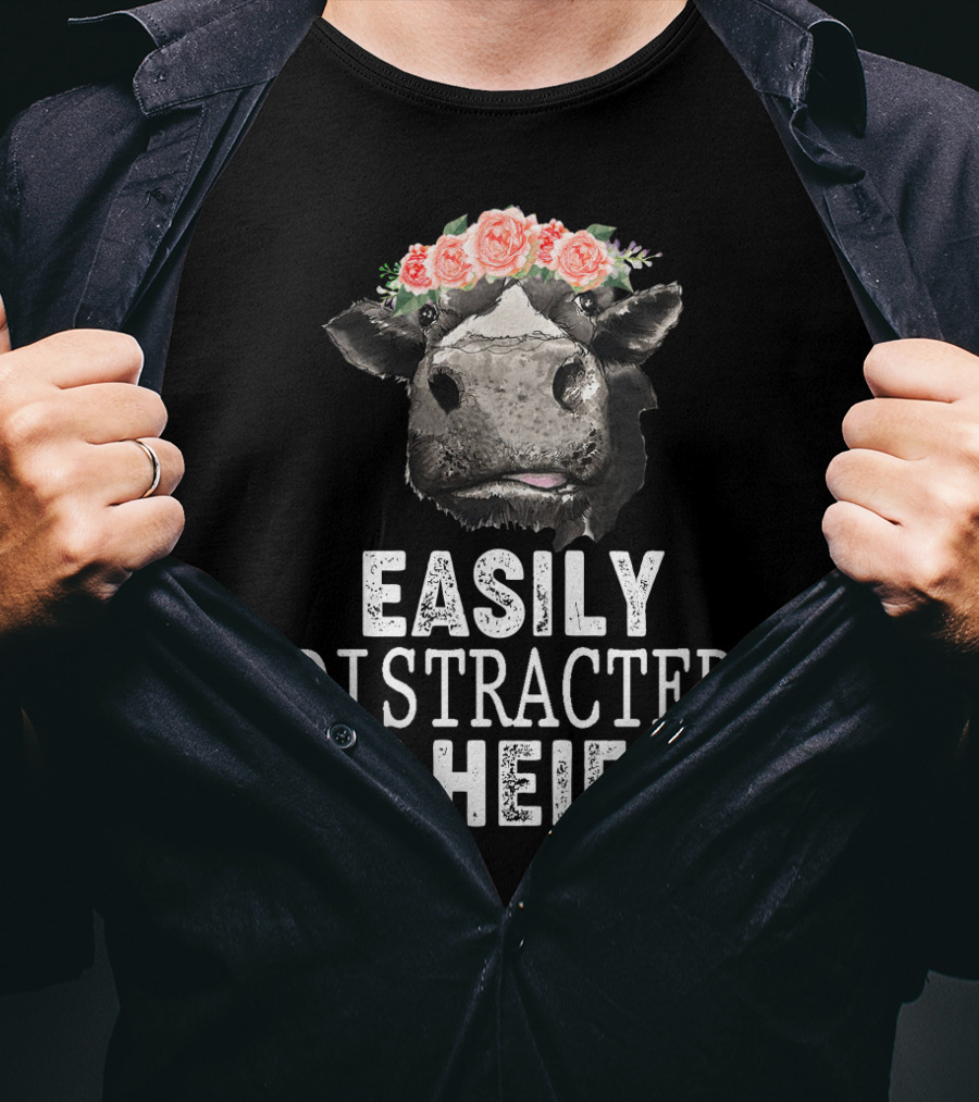 Easily Distracted By Heifer Floral Cow With Flower Crown T-Shirt