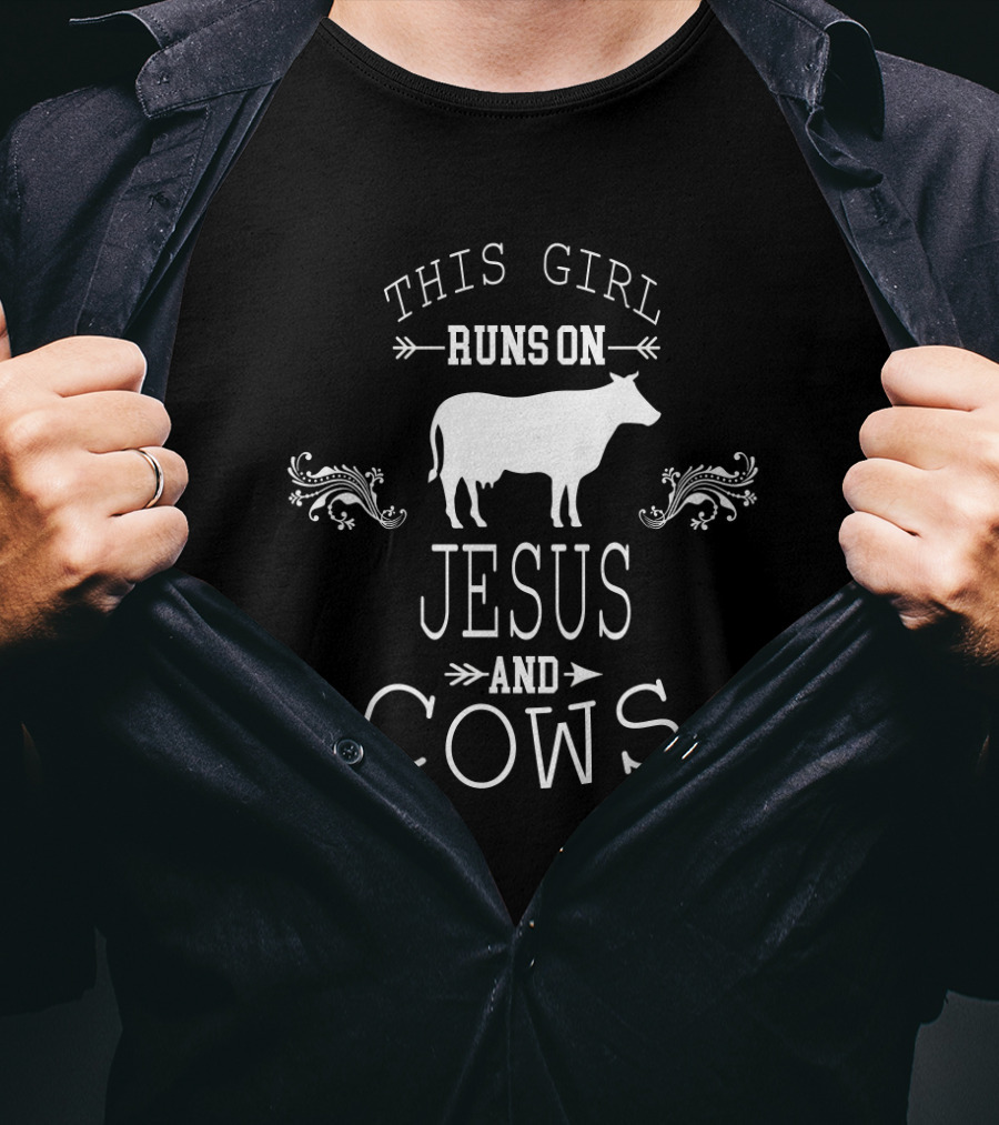 This Girl Runs On Jesus And Cows With Cow Silhouette And Decorative Flourishes T-Shirt