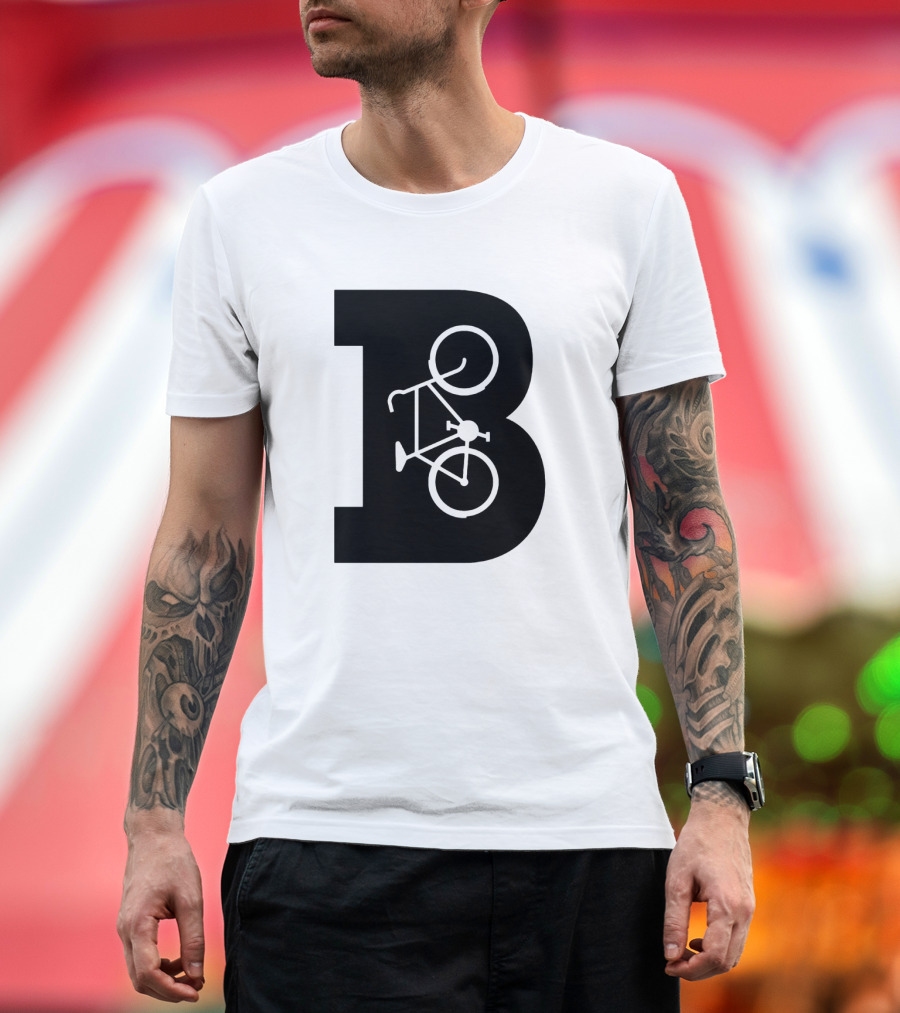 B Letter with Bicycle Motif Design in Bold Black T-Shirt