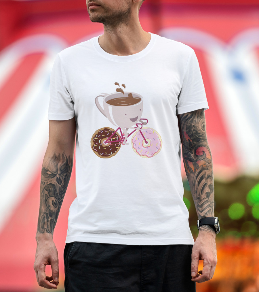 Happy Coffee Cup Riding Donut Bicycle Fun T-Shirt