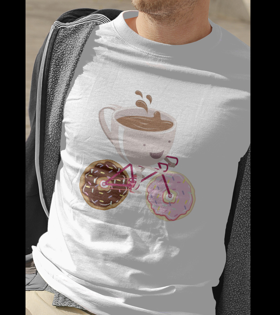 Happy Coffee Cup Riding Donut Bicycle Fun T-Shirt