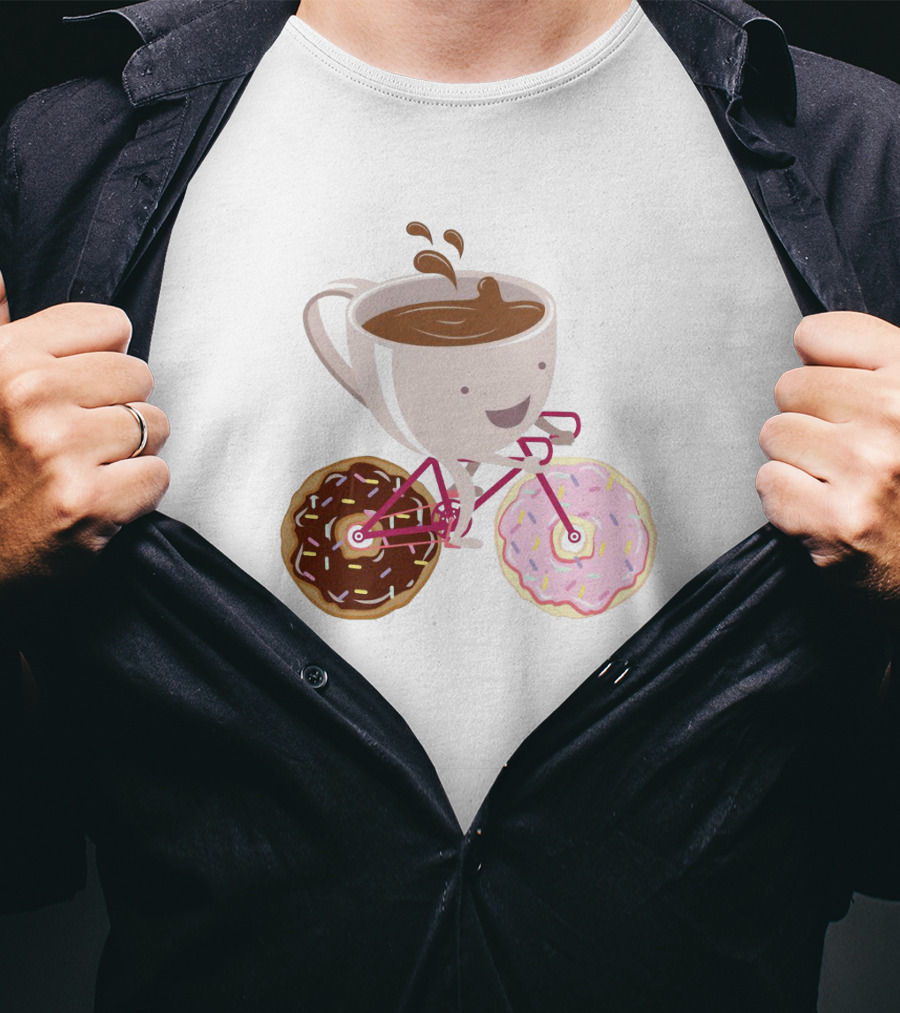 Happy Coffee Cup Riding Donut Bicycle Fun T-Shirt
