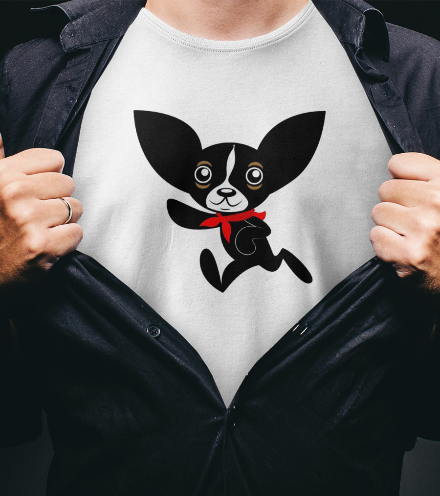 Chihuahua Hola Rico Black And White With Red Bandana Smooth Hair T-Shirt