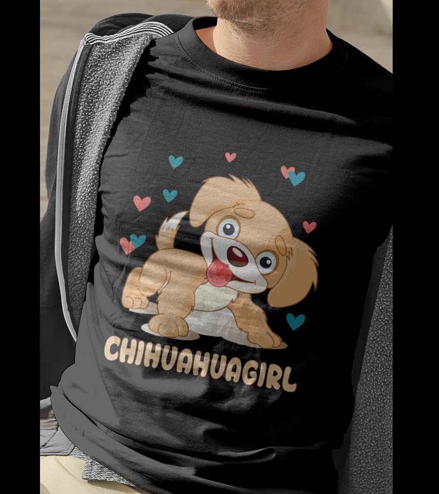 Chihuahuagirl Cute Cartoon Puppy Surrounded By Colorful Hearts T-Shirt