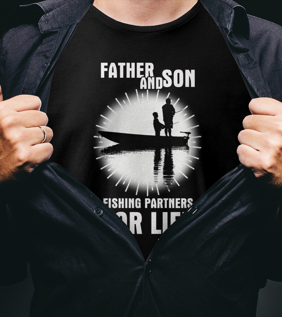 Father And Son Fishing Partners For Life Boat Silhouette Sunburst T-Shirt