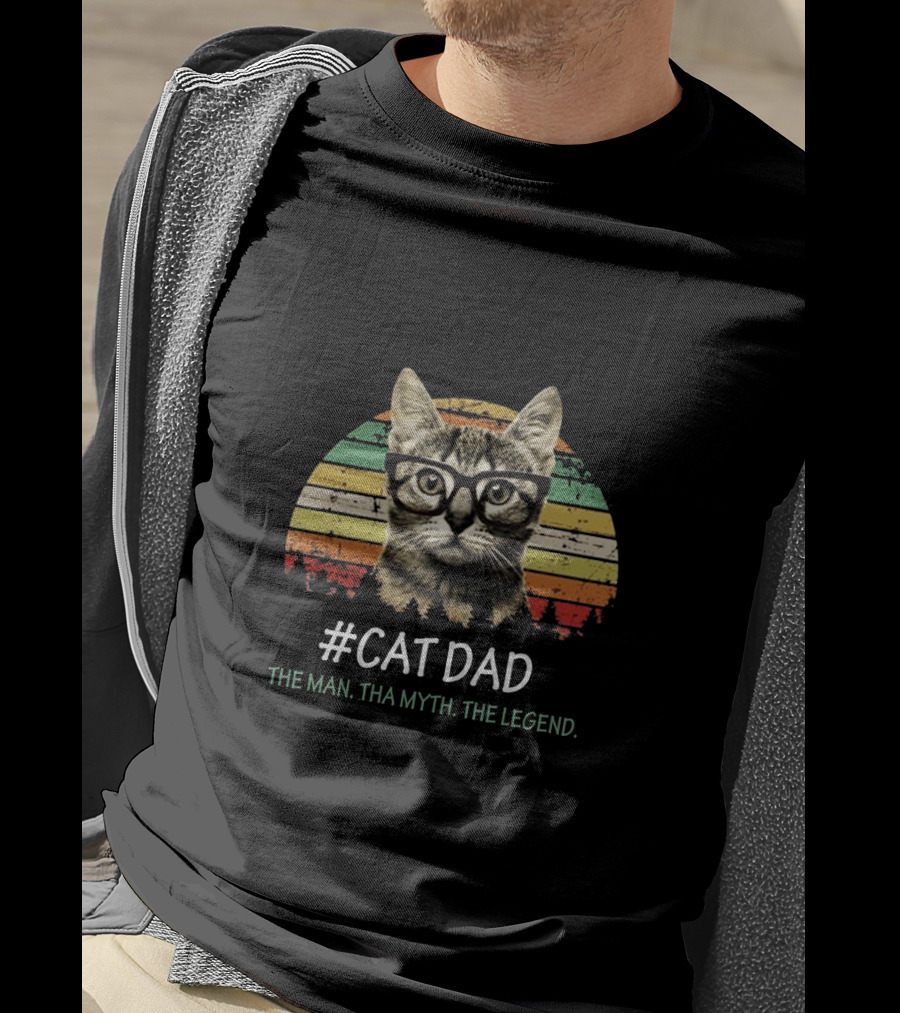 Cat Dad The Man Tha Myth The Legend Vintage Striped Glasses Cat T-Shirt