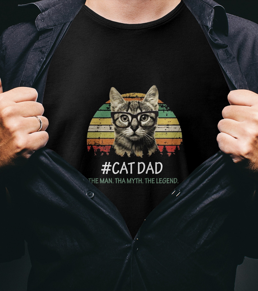 Cat Dad The Man Tha Myth The Legend Vintage Striped Glasses Cat T-Shirt